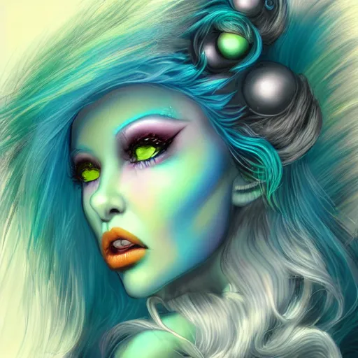 Image similar to Glam hair, 80s hair, Elf girl with blue skin, alien skin, blue elf, blue, blue-skinned elf, green hair, hairspray, big hair, wild hair, glam make-up, 80s, illustration, fantasy art, trending on ArtStation, 1980s fantasy art