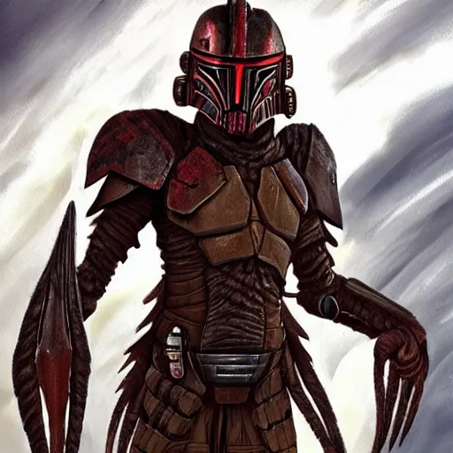 Image similar to a predalorian, yutja, close up concept art mix between a yutja predator from predator movies, prey, alien, and a mandalorian