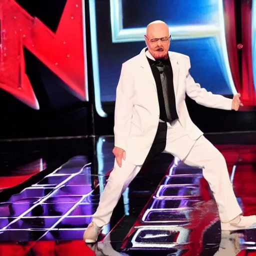 Prompt: walter white performs on america's got talent, film still, live broadcast, trending on twitter