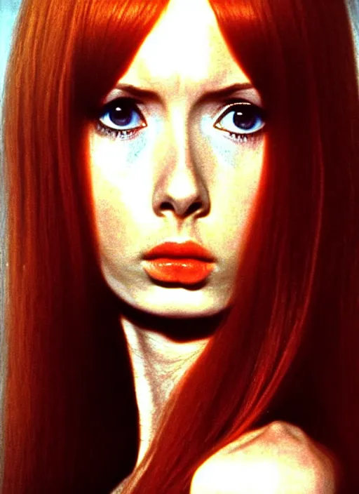 Prompt: 1973 film still from an Italian arthouse drama film of a bemused young Karen Gillan as the goddess of black leather staring deep into your soul. focused on her eyes. ultra detailed painting at 16K resolution and amazingly epic visuals. epically beautiful image. amazing effect, image looks gorgeously crisp as far as it's visual fidelity goes, absolutely outstanding. vivid clarity. ultra. iridescent. mind-breaking. mega-beautiful pencil shadowing. beautiful face. Ultra High Definition. godly shading. amazingly crisp sharpness. photorealistic film cel processed twice..