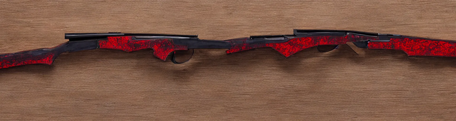 Image similar to a shotgun made from glossy red - painted wood and elements of gold metalwork