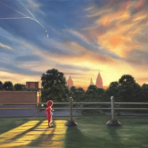 Prompt: high - angle view, shot from 5 0 feet distance, baby yoda strolls plays on a seesaw in a city park. a balloon vender in the background. dramatic clouds, setting sun. golden hour, oil on canvas painting, detailed, depth, volume, chiaroscuro, quiet intensity, serene.