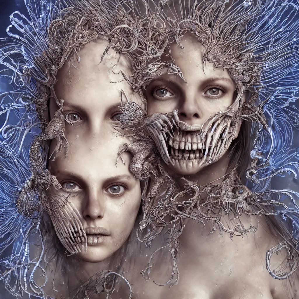 Image similar to close-up macro portrait of the face of a beautiful princess with animal skull mask, epic angle and pose ribcage skeleton, symmetrical artwork, 3d with depth of field, blurred background, cybernetic jellyfish female face skull phoenix bird, translucent, nautilus, energy flows of water and fire. a highly detailed epic cinematic concept art CG render. made in Maya, Blender and Photoshop, octane render, excellent composition, cinematic dystopian brutalist atmosphere, dynamic dramatic cinematic lighting, aesthetic, very inspirational, arthouse. y Greg Rutkowski, Ilya Kuvshinov, WLOP, Stanley Artgerm Lau, Ruan Jia and Fenghua Zhong