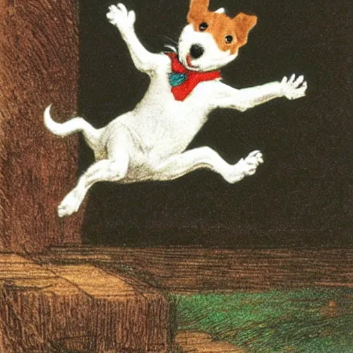 Image similar to portrait of a happy jack russel terrier jumping, closeup, illustrated by peggy fortnum and beatrix potter and sir john tenniel