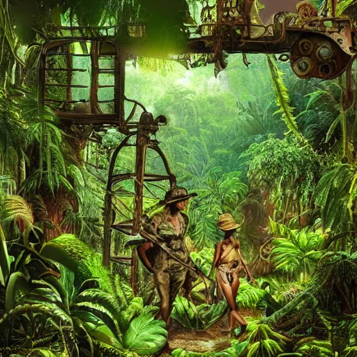 Prompt: interior shot of a lush jungle with two steam punk explorers navigating the harsh terrain,