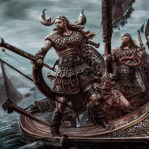 Prompt: vaporwave vikings in dragon ship raid, intricate detail, finely detailed, small details, extra detail, photorealistic, high resolution, vray, hdr, hyper detailed, insane details, intricate, elite, ornate, elegant, luxury, dramatic lighting, octane render, weta digital, micro details, 3 d sculpture