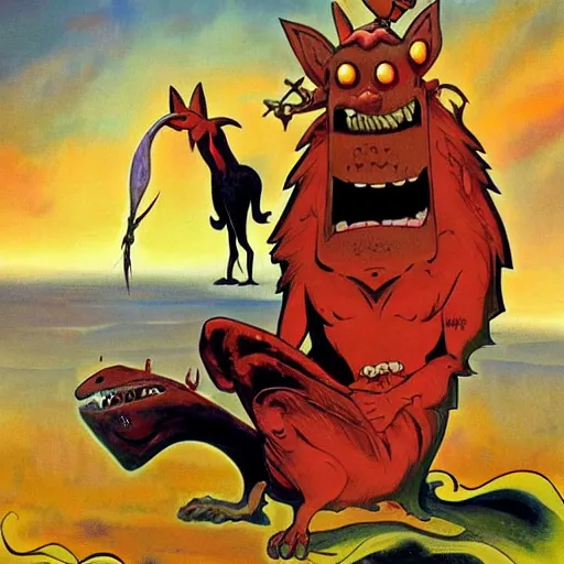 Image similar to courage the cowardly dog by frank frazetta, digital painting, masterpiece, acrylic, gouache, intricate brush strokes paint an amazing display of color and horror