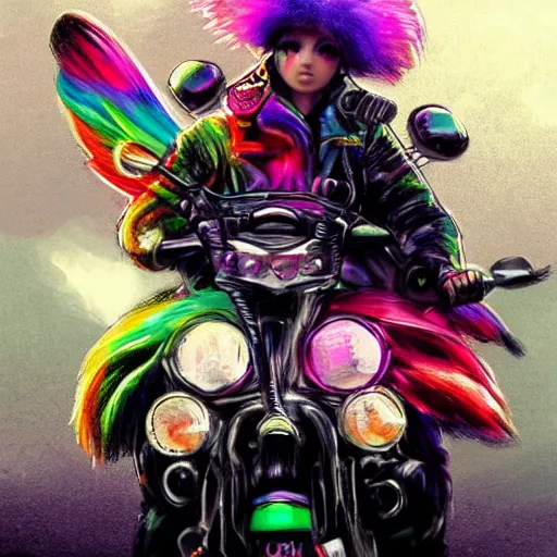 Image similar to wide angle full body, jacket wearing fluffy cute rainbow kitten wearing a black leather motorcycle jacket, riding on a motorcycle, cinematic concept art