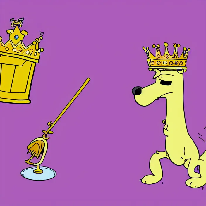 Prompt: a digital drawing of an anthropomorphic dog wearing a purple hoodie and a crown, smashing a golden trophy with a baseball bat. in the style of bojack horseman.