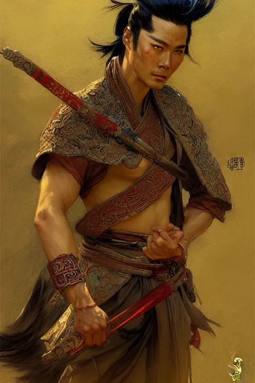 Image similar to wuxia, male, character design, ancient china, colorful, painting by gaston bussiere, craig mullins, j. c. leyendecker, tom of finland