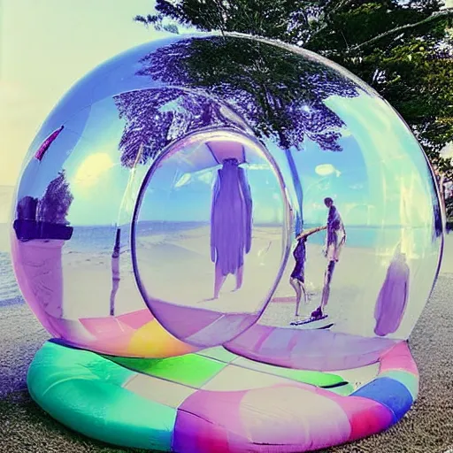 Image similar to a pastel colour high fidelity wide angle Polaroid art photo from a holiday album at a seaside with abstract inflatable parachute furniture, spheres. A sculpture named ‘self care” is the focal point, all objects made of transparent iridescent Perspex and metallic silver fabric, a grid of sun beds iridescence, nostalgic