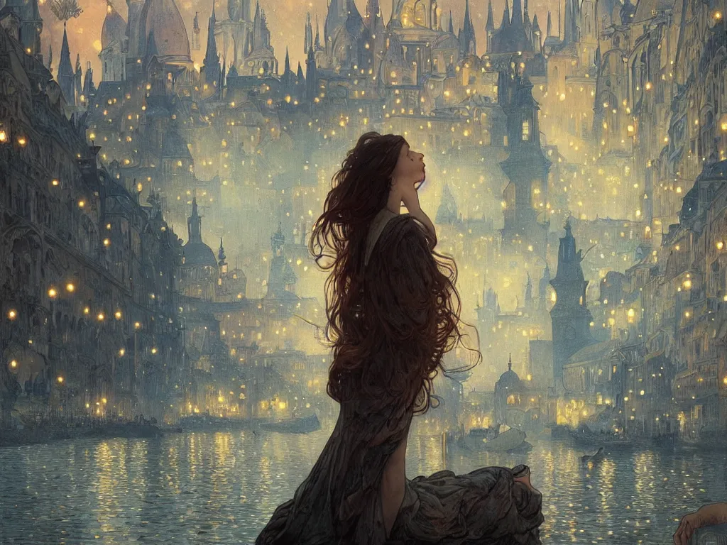 Image similar to a girl watching from the river of a city resembling prague, paris, and venice at night with the sky full of stars, intricate, elegant, highly detailed, digital painting, artstation, concept art, smooth, sharp focus, colored illustration for tattoo, art by krenz cushart and artem demura and alphonse mucha,