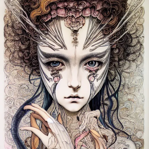 Prompt: prompt: Mysterious girl face painted in William Blake style drawn by Vania Zouravliov and Takato Yamamoto, intricate oil painting, high detail, Neo-expressionism, post-modern gouache marks on the side, gnarly details soft light, white background, intricate detail, intricate ink painting detail, sharp high detail, manga and anime 2000