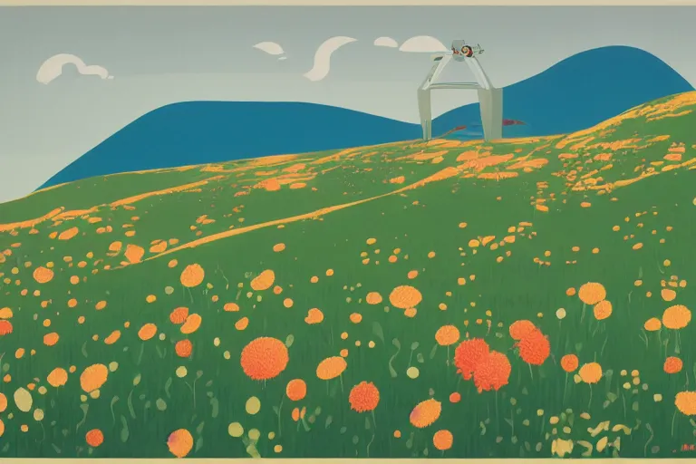 Image similar to giant retro - robot, cows, blooming hills with spring flowers and pillars by helen lundeberg