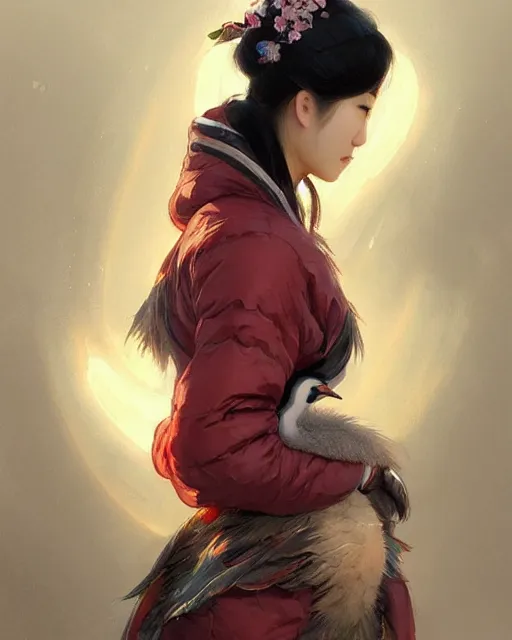 Image similar to a beautiful chinese woman in down jacket ， a goose ， winer ， wenjun lin intricate, elegant, highly detailed, digital painting, artstation, concept art, matte, sharp focus, illustration, hearthstone, art by artgerm and greg rutkowski and alphonse mucha