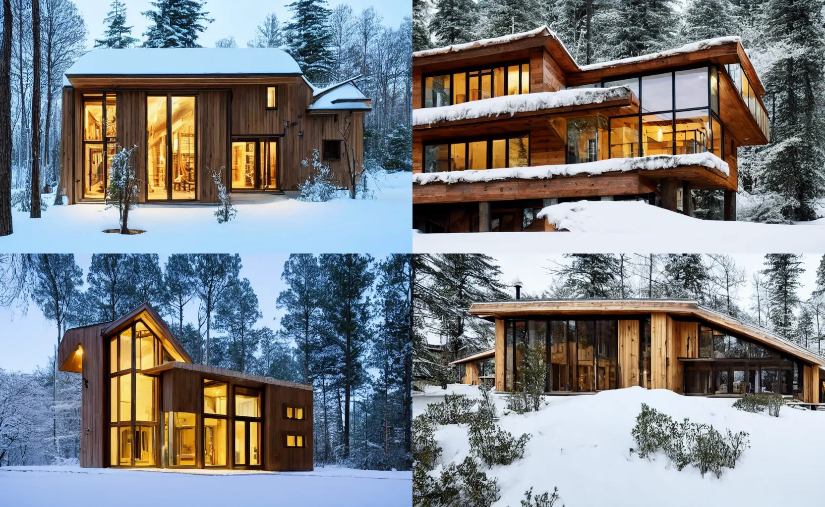 Prompt: a cosy wooden modern eco house with large windows in a snowy forest in winter, peace and quiet