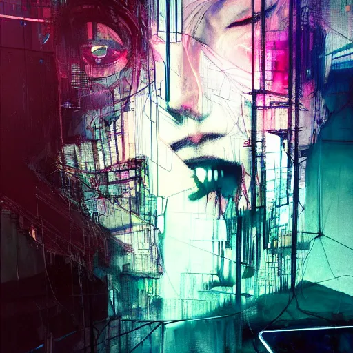 Image similar to i live in vr cyber dreams, glitchcore wires, machines, by jeremy mann, francis bacon and agnes cecile, and dave mckean ink drips, paint smears, digital glitches glitchart