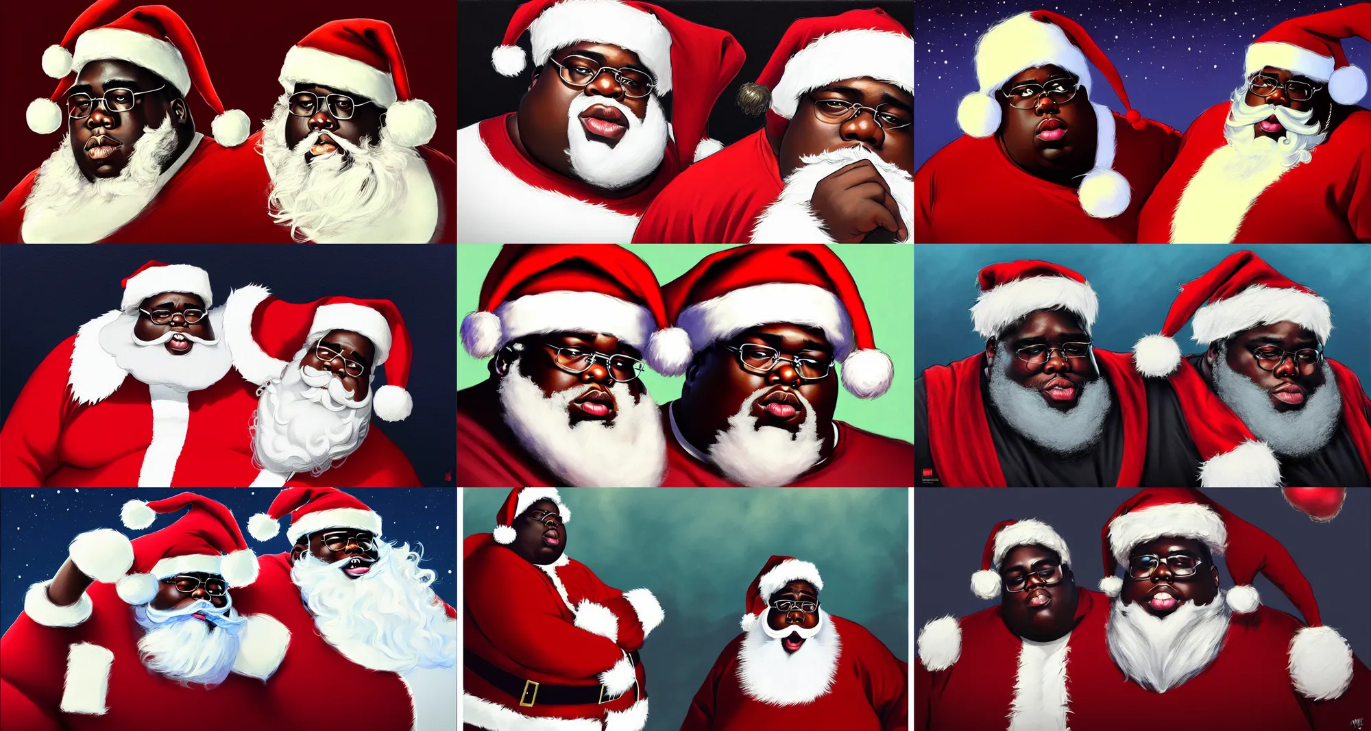 Prompt: the notorious b. i. g. as a well fed santa claus, animation pixar style, shaded lighting poster by magali villeneuve, artgerm, jeremy lipkin and michael garmash, rob rey and kentaro miura style, trending on art station