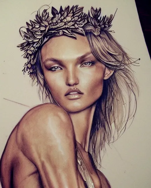 Image similar to realism tattoo sketch of candice swanepoel as a beautiful greek goddess aphrodite with piercing eyes wearing a laurel wreath and triangle earrings, in the style of greg rutkowski, amazing detail