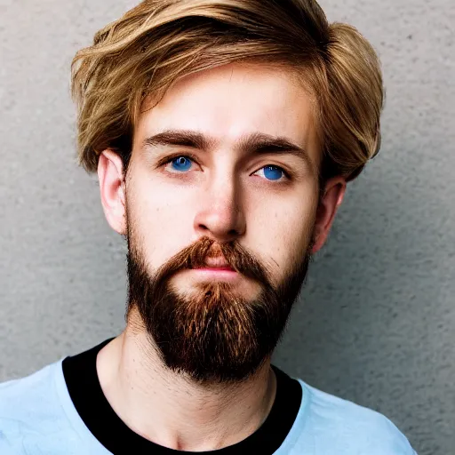 Image similar to full face color photograph of a 30 year old very handsome white man with very short light blond hair and small blue eyes, dressed in a maroon t shirt and black jeans, with very thin lips, with a straight nose and pale skin. He resembles a lion. 4k