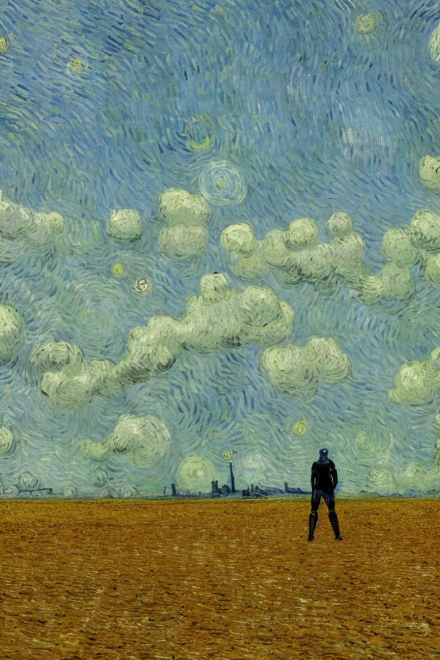 Image similar to concept art of the back view of one humanoid robot on the ground, many distant big tall buildings far away, vast wheat fields, by van gogh, godrays, atmospheric, cinematic, distant world, wide angle, detailed