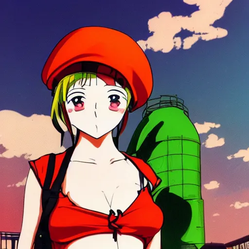 Prompt: anime girl with very large beret, beret over eye, cel - shading, 2 0 0 1 anime, flcl, jet set radio future, golden hour, underground facility, underground tunnel, pipes, rollerbladers, rollerskaters, cel - shaded, strong shadows, vivid hues, y 2 k aesthetic