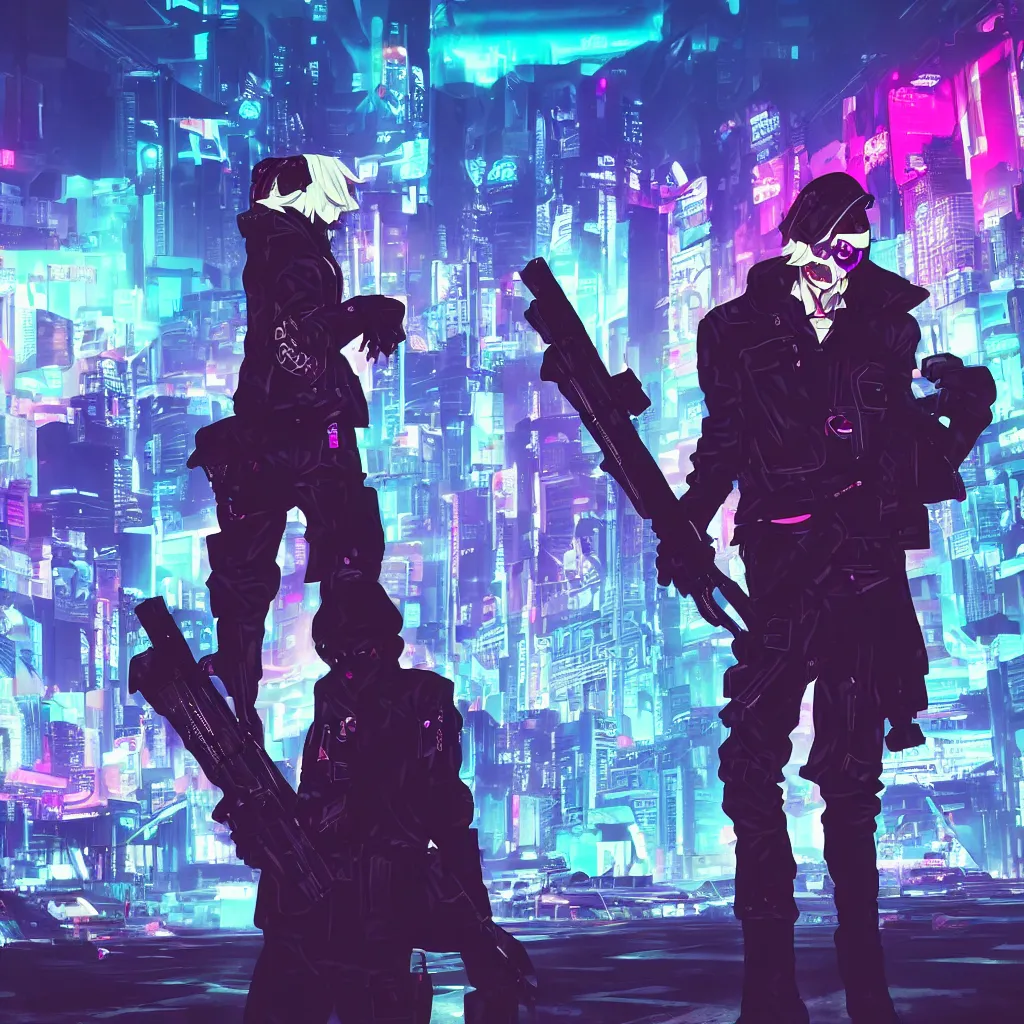 Image similar to Reaper (The World Ends With You) holding gun, cyberpunk aesthetic, city skyline on background, neon lights, glow, retrowave style