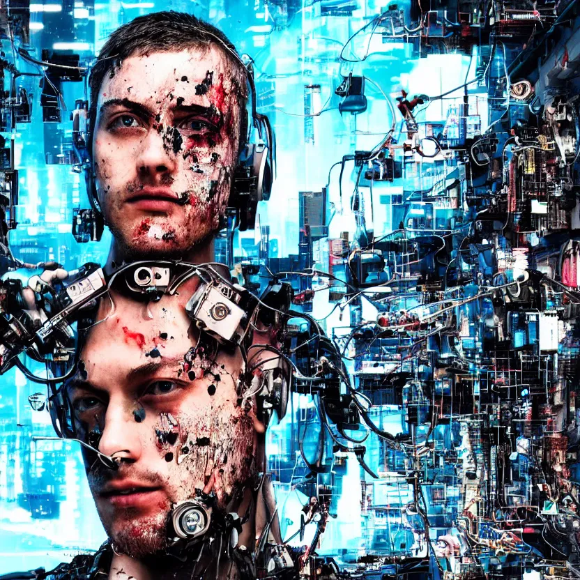 Prompt: Beautiful Photo of Arduino Uno in the man robot's head. Cyberpunk. splatterpunk. 4K