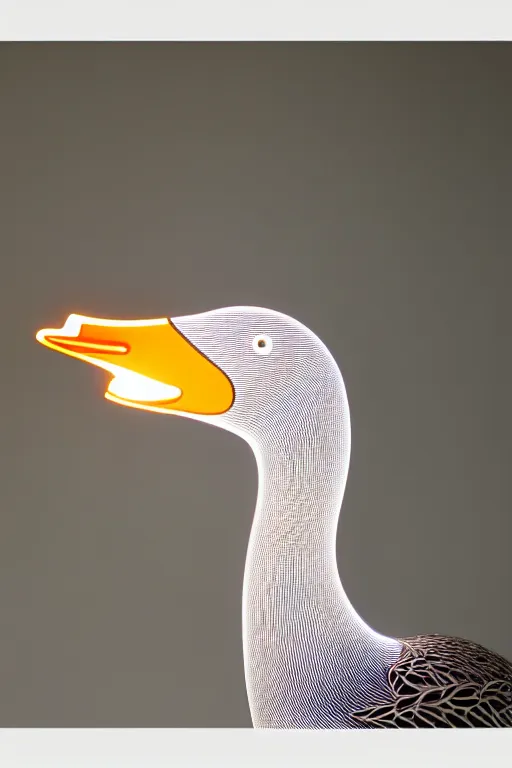 Image similar to led light in goose form, 3 5 mm, close - up, design forms, intricate details. front on, symmetrical.