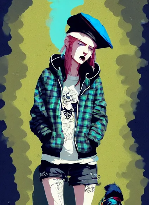 Prompt: highly detailed portrait of a sewer punk lady student, blue eyes, tartan hoody, hat, white hair by atey ghailan, by greg rutkowski, by greg tocchini, by james gilleard, by joe fenton, by kaethe butcher, gradient yellow, black, brown and cyan color scheme, grunge aesthetic!!! ( ( graffiti tag wall background ) )