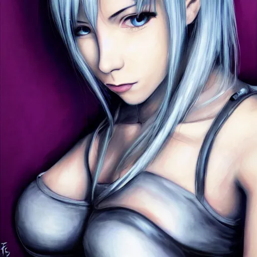 Prompt: portrait of tifa lockhart with silver hair, detailed background, trending on artstartion