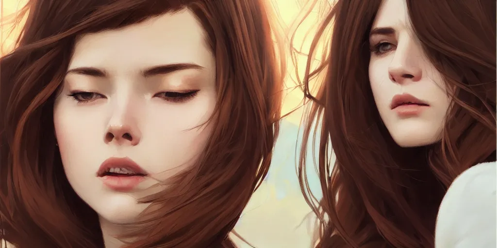 Prompt: one woman, brown hair, looks to the side, hair fluttering in the wind, fine details. night setting. realistic shaded lighting poster by ilya kuvshinov katsuhiro, magali villeneuve, artgerm, jeremy lipkin and michael garmash, rob rey and kentaro miura style, trending on art station
