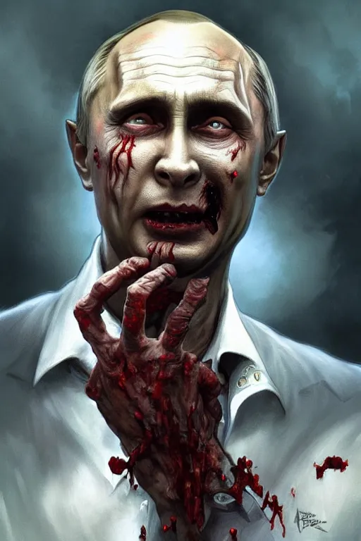 Prompt: Zombie Vladimir Putin, fantasy, portrait, highly detailed, digital painting, artstation, concept art, smooth, sharp focus, illustration, cinematic lighting, art by artgerm and greg rutkowski and alphonse mucha