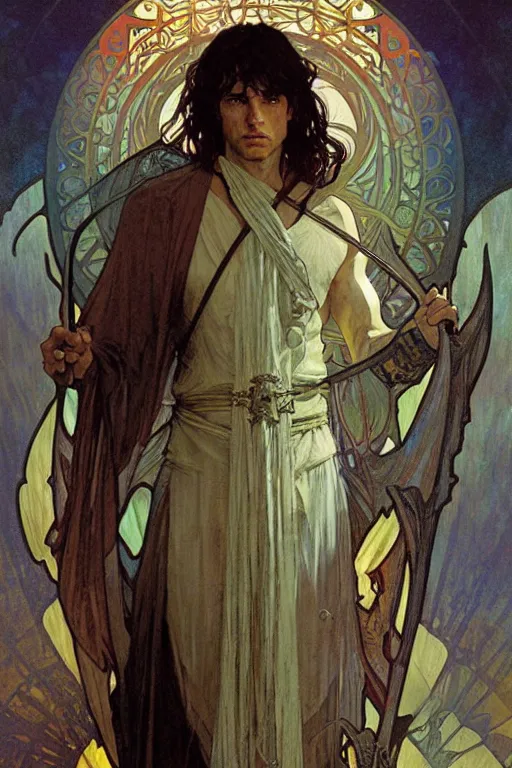 Image similar to The lord of the rings, fantasy, painting by greg rutkowski and alphonse mucha