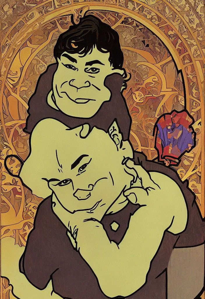 Image similar to yann lecun as shrek, in art style by alphonse mucha