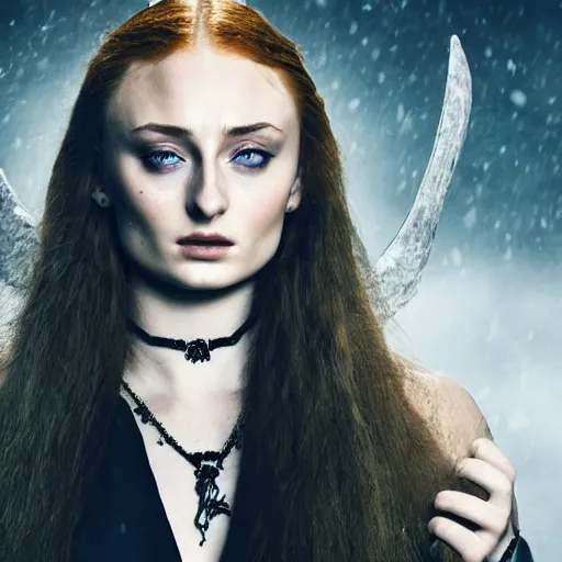 Image similar to sophie turner as a witch, dnd, extreme detail, gorgeous, portrait, beautiful, sharp focus, 4 k, atmospheric, gritty