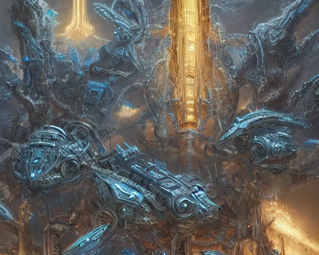 Prompt: immortal neuron, temple, mothership, alien utopia, holy place, protoss!!!!, starcraft, intricate, scifi, machine city, highly detailed, art by roberto digiglio and furio tedeschi and filippo ubertino