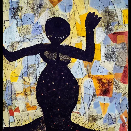 Image similar to sigma 8 5 mm f / 1. 4 by romare bearden. a experimental art of a woman standing in a field of ashes, her dress billowing in the wind. her hair is wild & her eyes are closed, in a trance - like state. dark & atmospheric, ashes seem to be alive, swirling around.