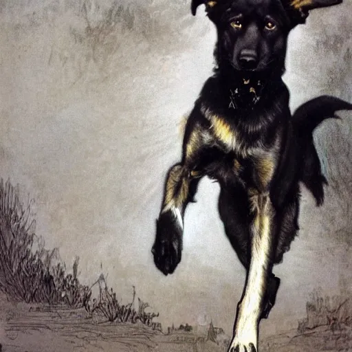 Prompt: an entirely black german shepherd mix dog with pointed ears and a tiny white tail tip jumping in a park by alphonse mucha