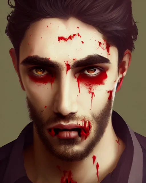 Image similar to 3 / 4 portrait, male vampire, brown skin, night, long dark red hair, dark blue shirt, beautiful, modern, bloodied mouth, jewelry, william bouguereau, rossdraws, greg rutkowski, super detailed, realistic, octane render, volumetric, cinematic, 8 k