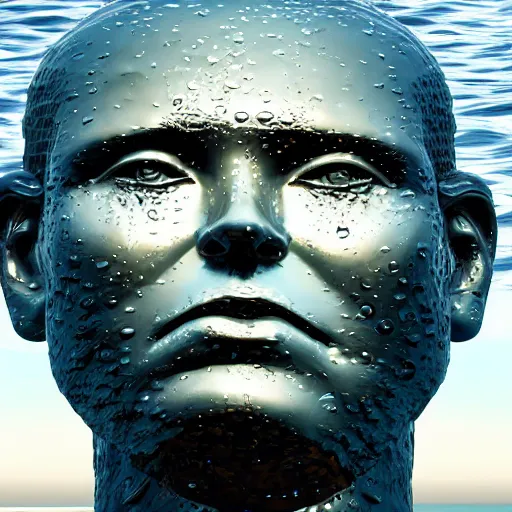 Prompt: a giant sculpture of a human head on the ocean, made purely out of water, cinematic, in the style of chad knight, long shot, hyper detailed, hyper realistic, ray tracing, 8 k resolution, sharp focus, realistic water, award winning