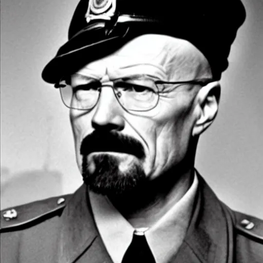 Prompt: Walter White as a 1940s German Officer, serious, Noir, fog, Intense detail, sharp focus, movie still, lighting,