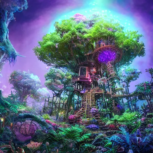 Image similar to an elaborate treehouse overgrown by bioluminescent, purple, blue, glowing plants, an ultrafine hyperdetailed illustration by kim jung gi, irakli nadar, intricate linework, bright colors, octopath traveler, final fantasy, unreal engine 5 highly rendered, global illumination, radiant light, detailed and intricate environment