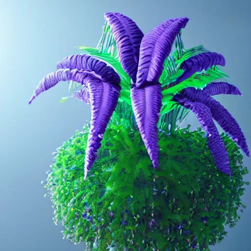 Image similar to a purple and blue alien plant, a computer rendering by jonathan zawada, pelton, featured on polycount, computer art, rendered in cinema 4 d, octane render, rendered in maya