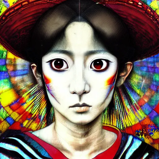 Image similar to yoshitaka amano blurred and dreamy realistic three quarter angle portrait of a mexican woman with short hair and black eyes wearing mariachi suit, junji ito abstract patterns in the background, satoshi kon anime, noisy film grain effect, highly detailed, renaissance oil painting, weird portrait angle, blurred lost edges