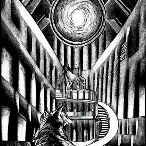 Image similar to a huge howling angry wolf in a huge bright maze of many doorways and lots of stairs, many doorways, inside MC Escher architecture, artstation, Junji Ito, epic composition, detailed background