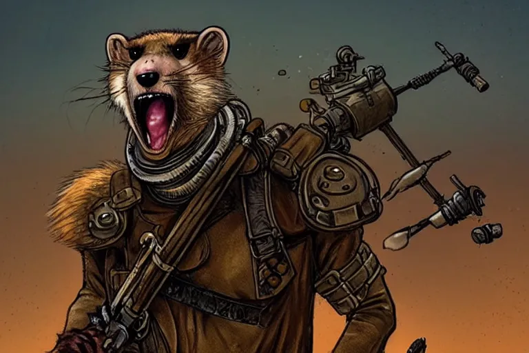 Image similar to a good ol'weasel fursona ( from the furry fandom ), heavily armed and armored facing down armageddon in a dark and gritty version from the makers of mad max : fury road. witness me.