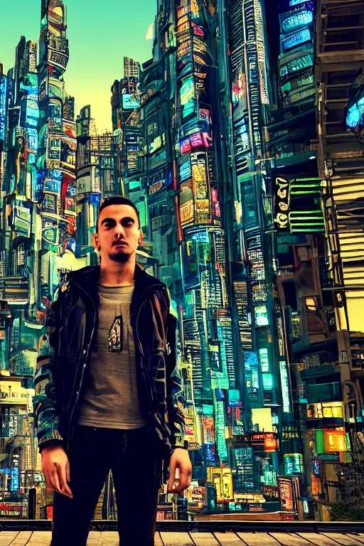 Image similar to portrait of a beautiful cyberpunk man standing in front of a cyberpunk city.