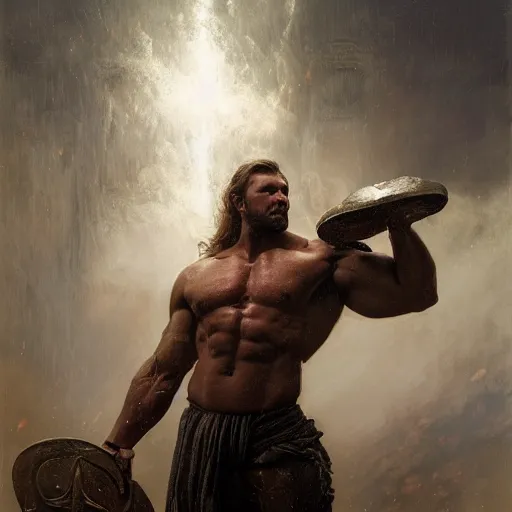 Image similar to handsome portrait of a spartan guy bodybuilder posing, radiant light, caustics, war hero, translucent rainstorm, steel bull run, by gaston bussiere, bayard wu, greg rutkowski, giger, maxim verehin