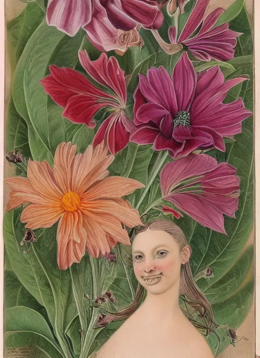 Image similar to fantasy scientific botanical illustration of colorful flower with a female mouth